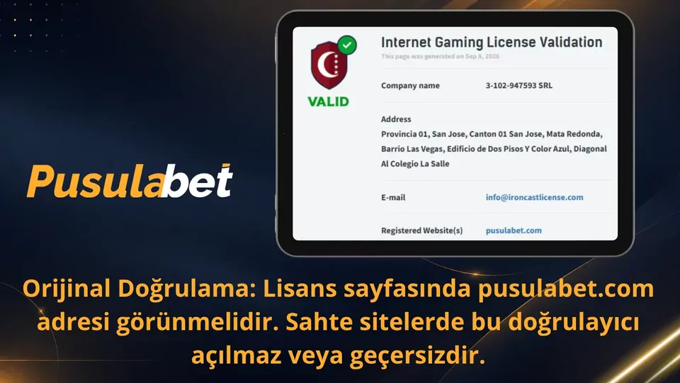 Lisans doğrulama sayfasında pusulabet.com